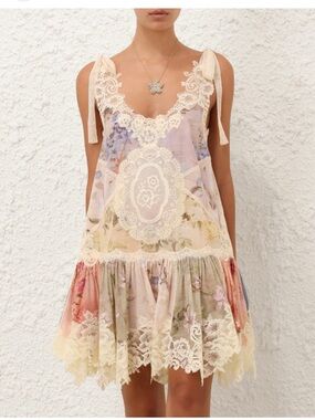 Zimmermann Multicolor Floral Lace Asymmetrical Tie-Shoulder Dress